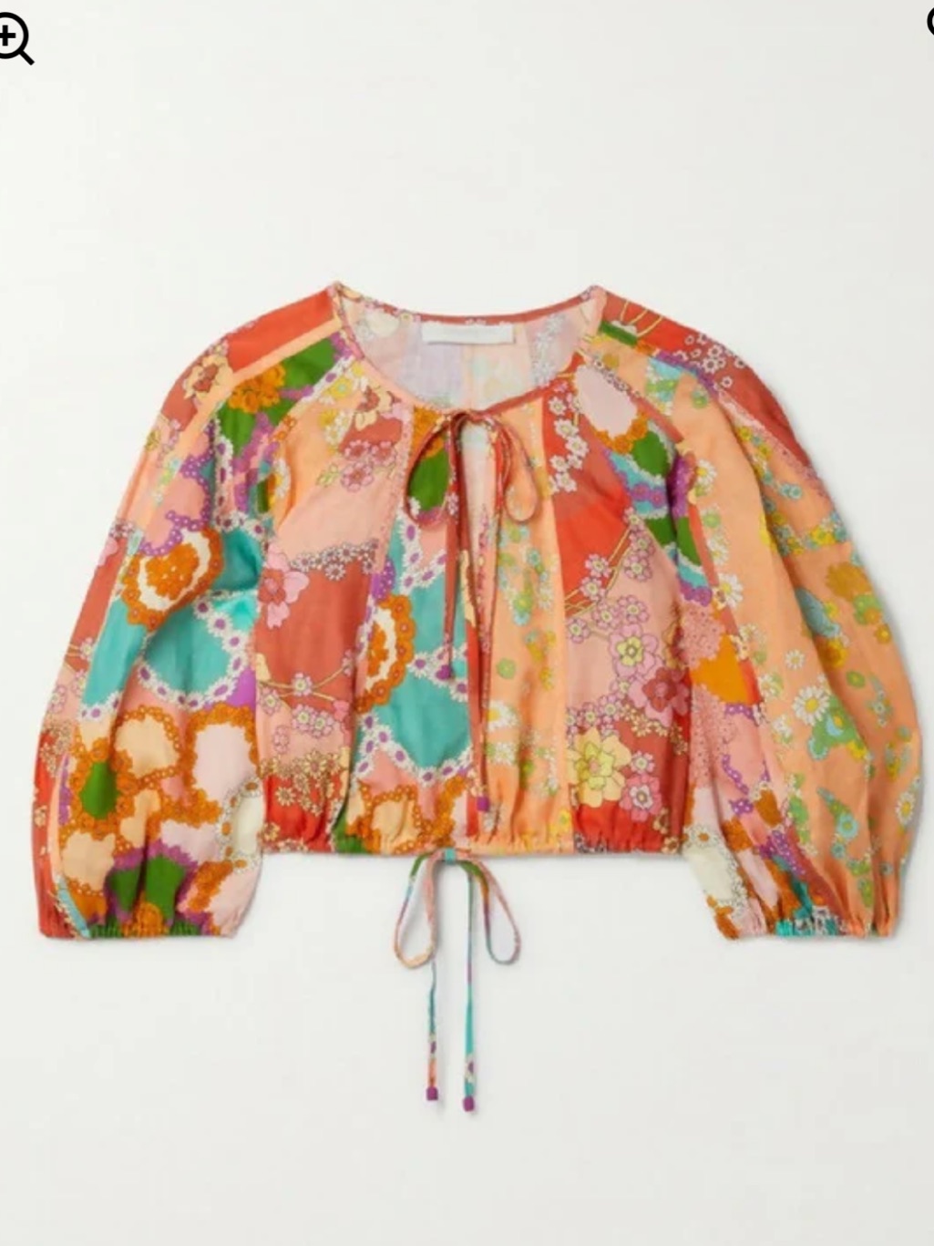 Zimmermann Colorful Floral Cropped Tie-Front Blouse
